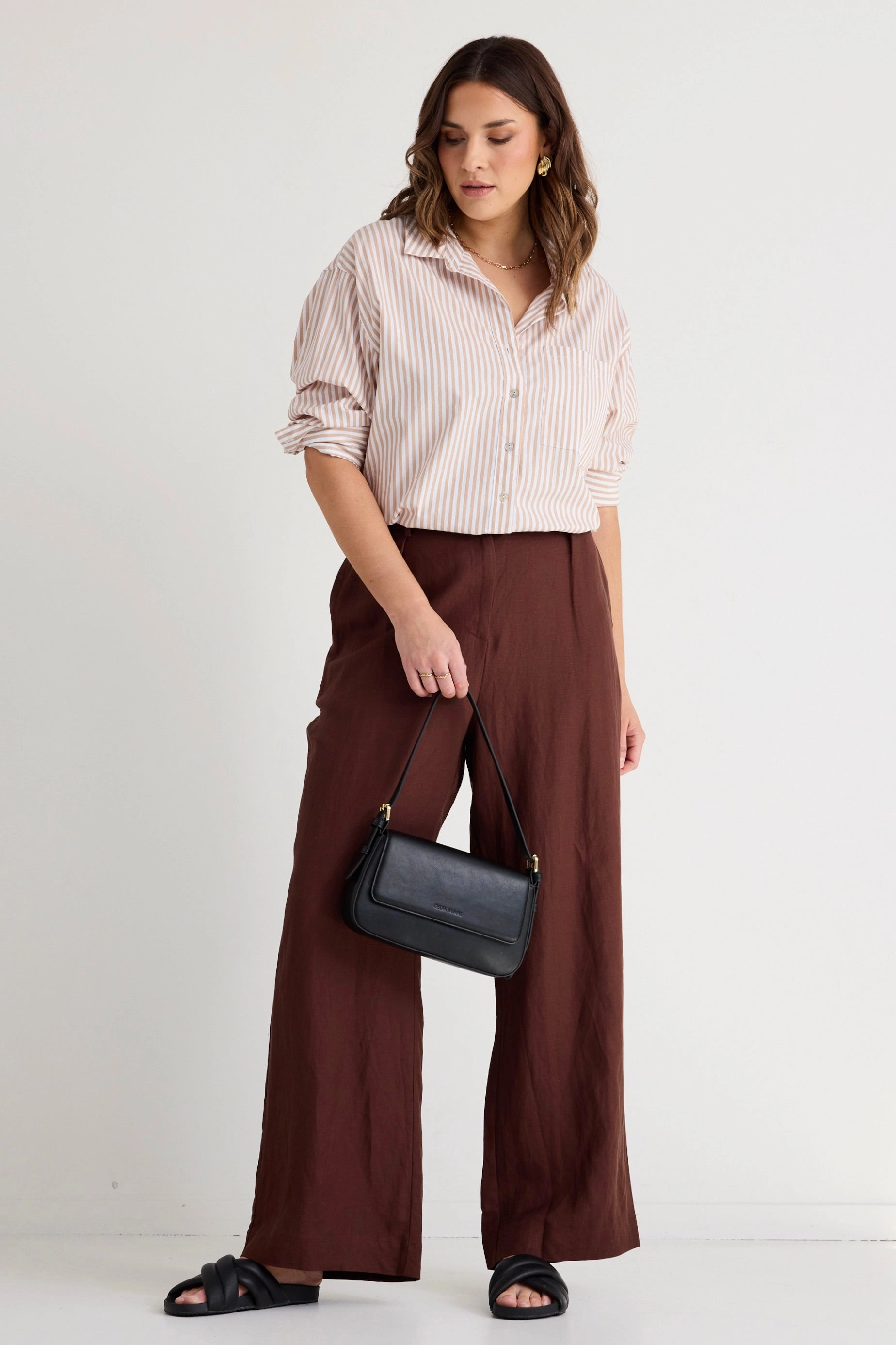 Air Circulation Breathable Comfort Island Chocolate Linen Pleat Front Wide Leg Pant