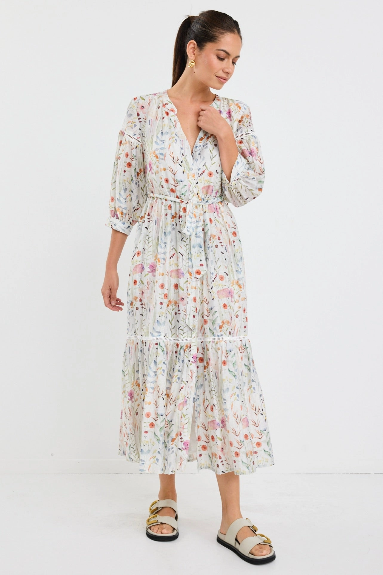 Wisdom Cream Floral Balloon Sleeve Midi Shirt Dress Front Ruffle