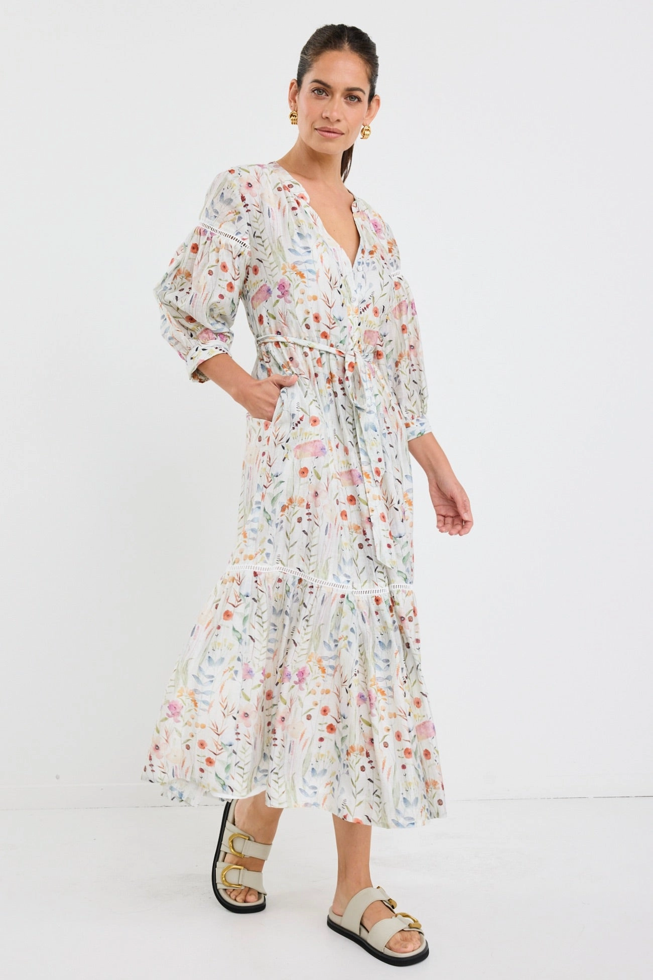 Wisdom Cream Floral Balloon Sleeve Midi Shirt Dress Comfy and Cozy