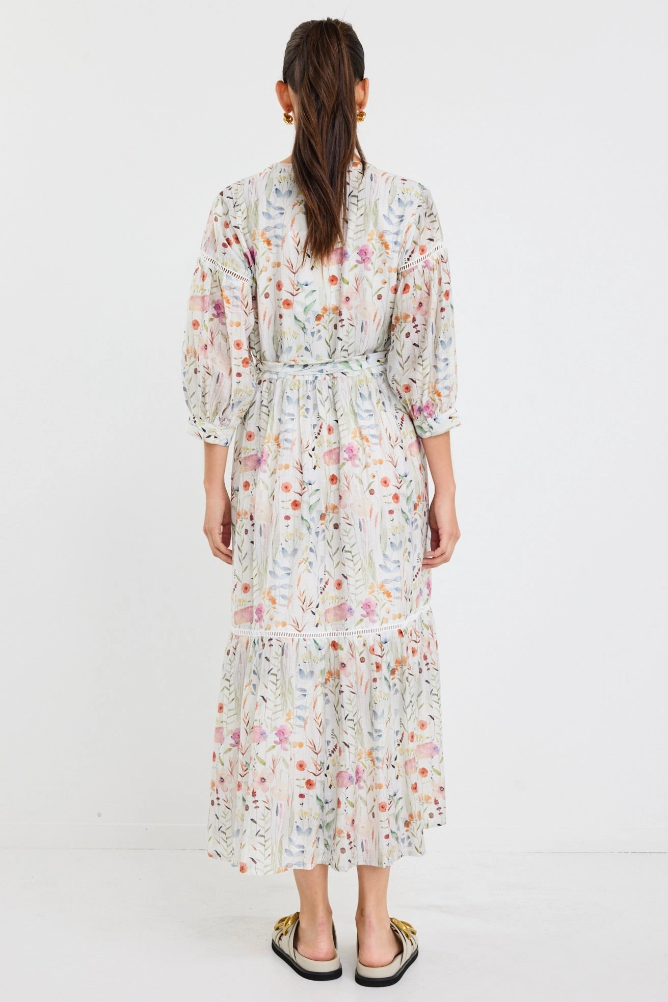 Wisdom Cream Floral Balloon Sleeve Midi Shirt Dress Multi Season Calm Movement