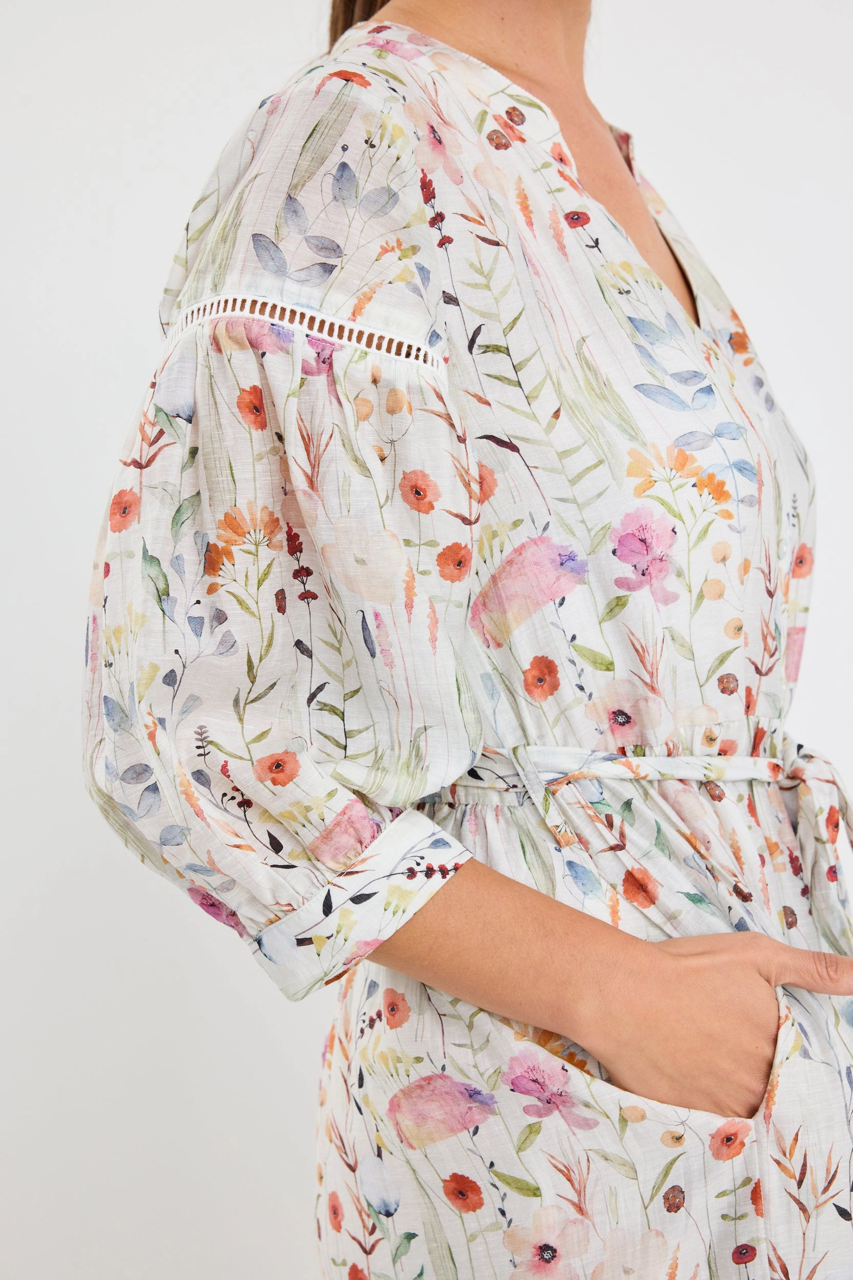 Wisdom Cream Floral Balloon Sleeve Midi Shirt Dress Flowing Design Relaxed Waistband