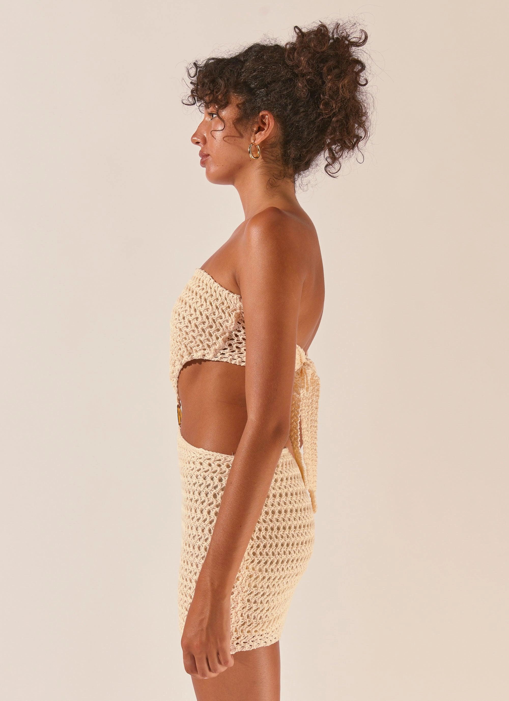 Balmy Nights Crochet Mini Dress - Seashell Natural Wrap
