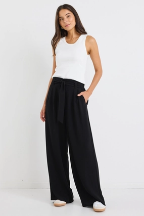 Versatile Design Sydney Black Crepe Wide Leg Tie Belt Pant