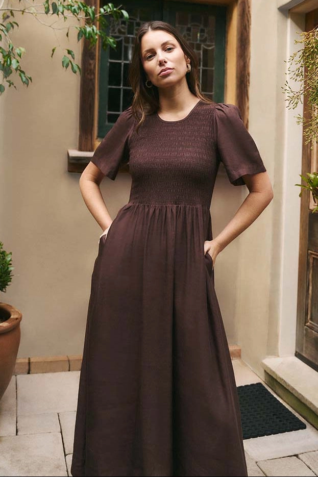 Fresh Stitch Wren Chocolate Linen Blend SS Shirred Bodice Midi Dress