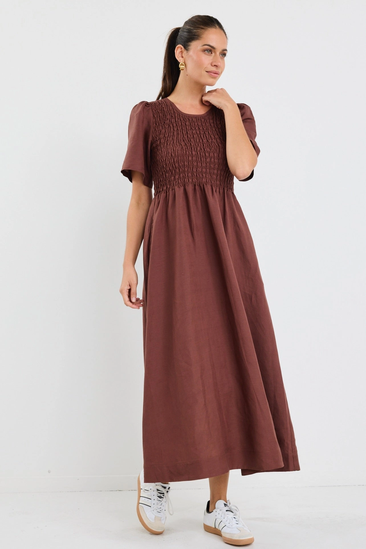 Wren Chocolate Linen Blend SS Shirred Bodice Midi Dress Timeless slip dress Light Sheen
