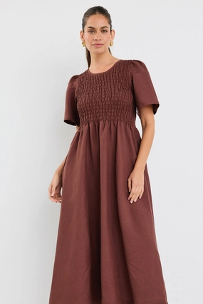 Wren Chocolate Linen Blend SS Shirred Bodice Midi Dress Stylish Line Comfy Detail