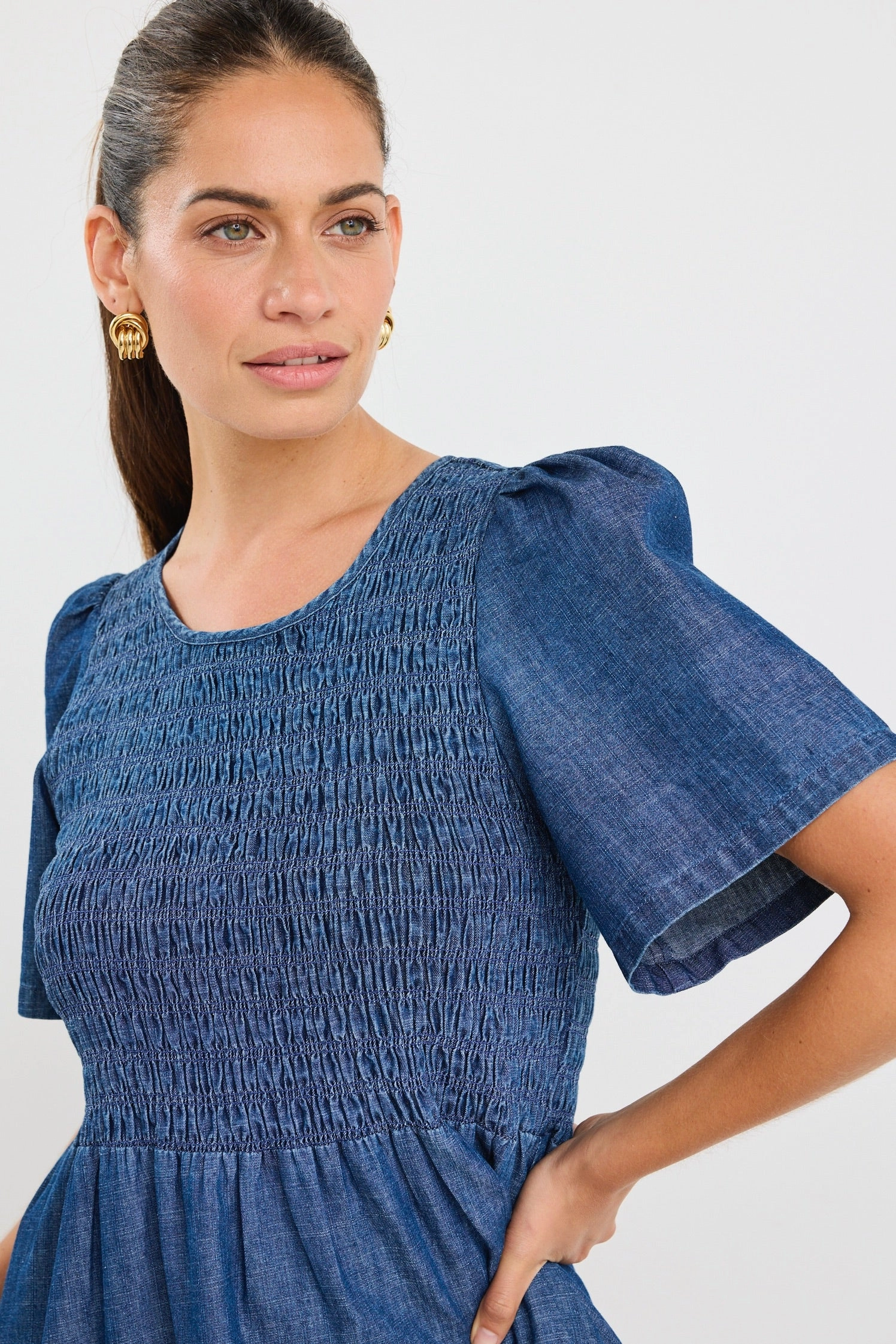 Wren Storm Blue Cotton SS Shirred Bodice Midi Dress Mid layer