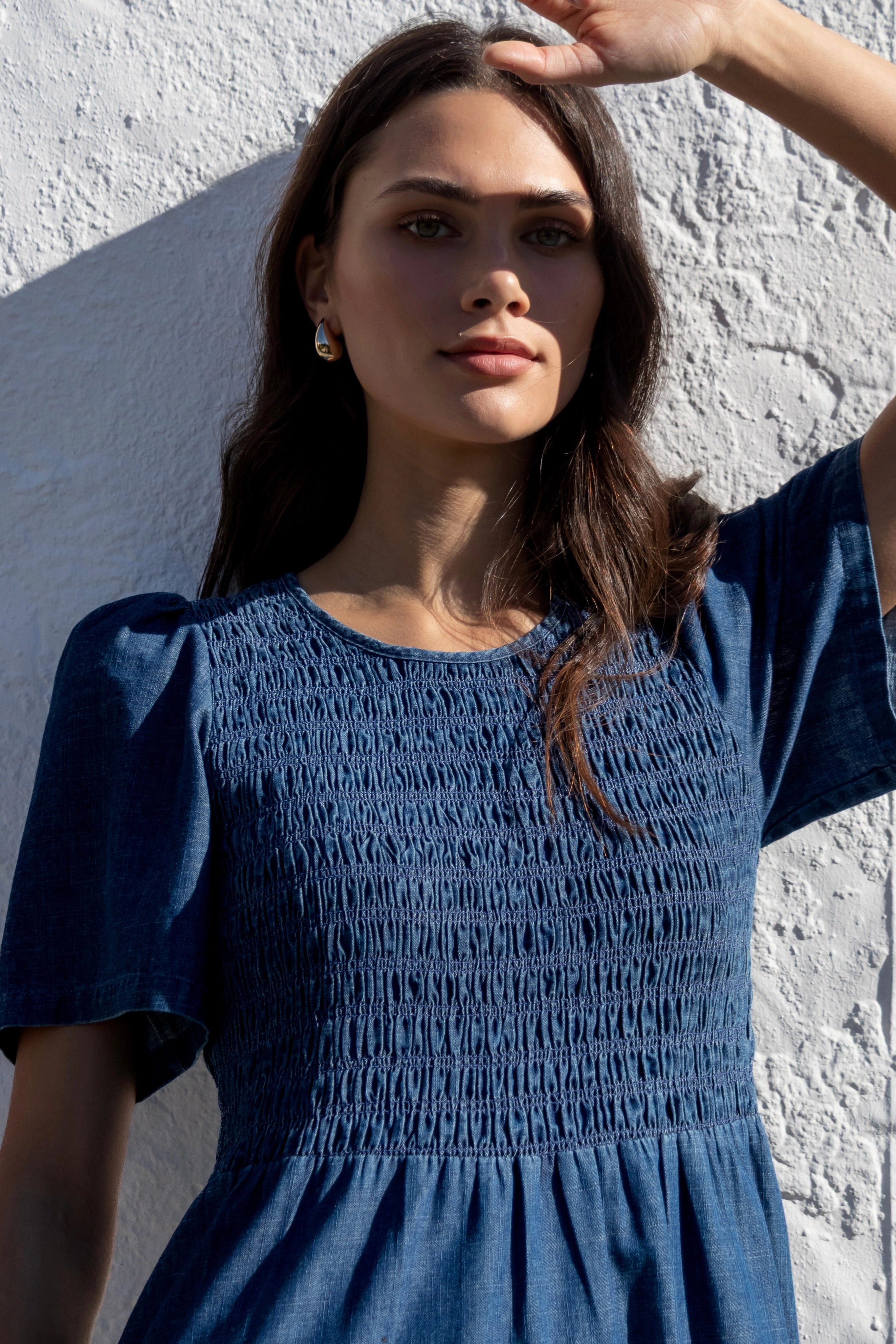 Wren Storm Blue Cotton SS Shirred Bodice Midi Dress Smooth Layering Simple Texture