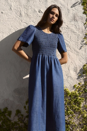Wren Storm Blue Cotton SS Shirred Bodice Midi Dress Cozy Drape Bare Arm