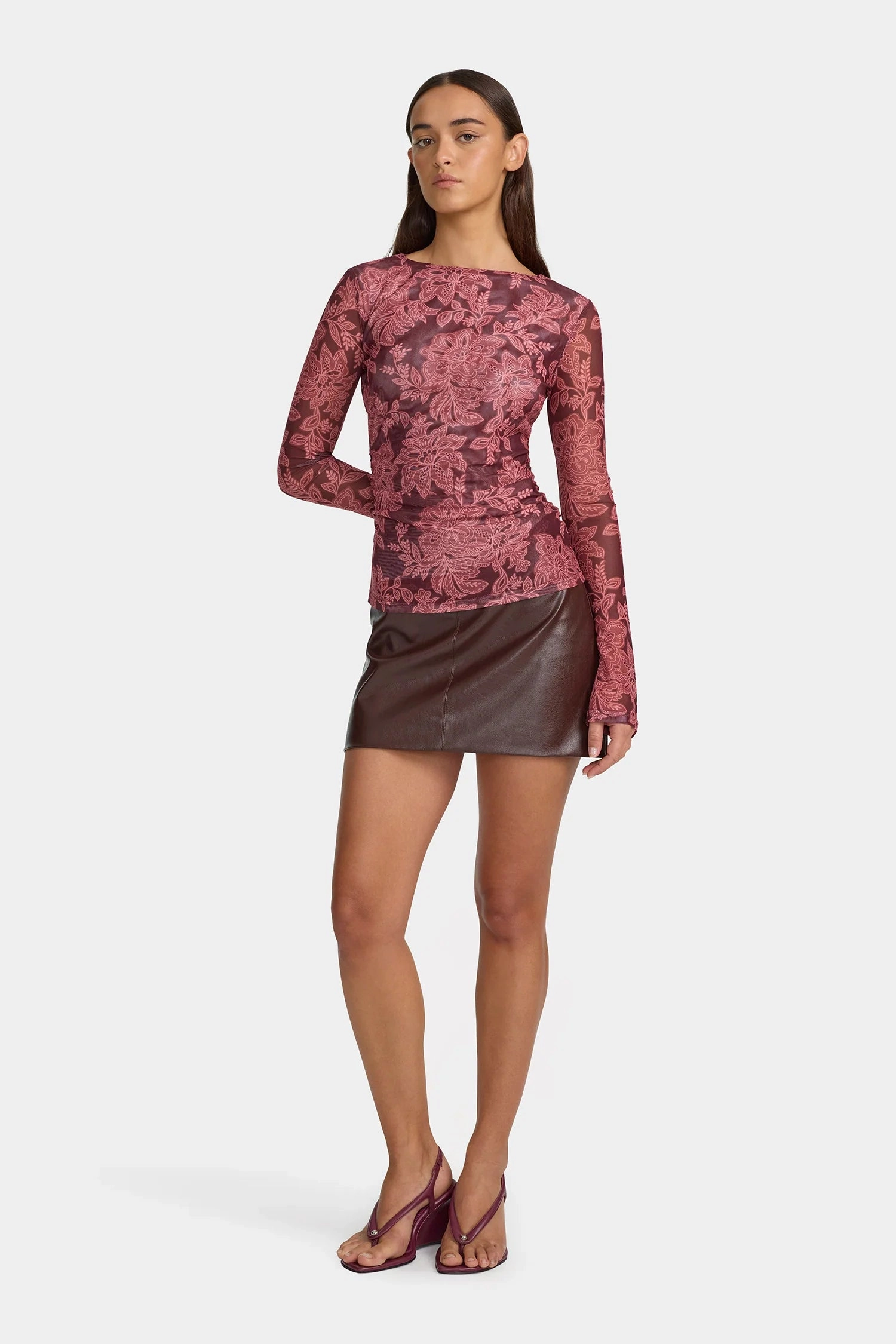 High Collar Protection Design Stretchable Waistband Azalea Plum Paisley Mesh Top