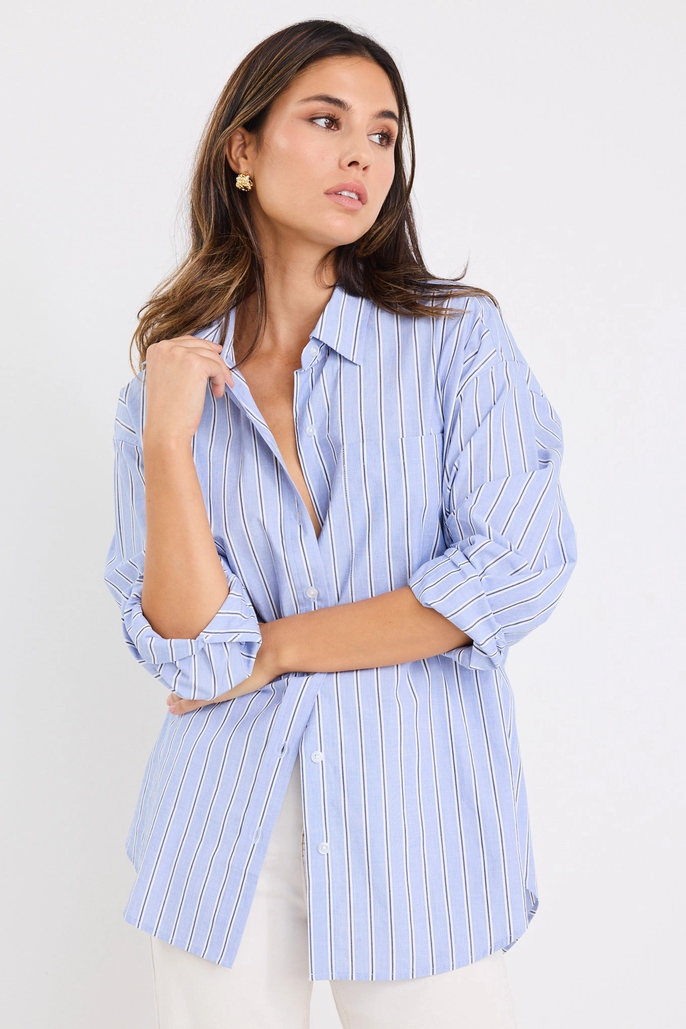 ButtonlessClosure StretchMaterial You Got This Blue Navy Stripe Oversized Boyfriend Shirt