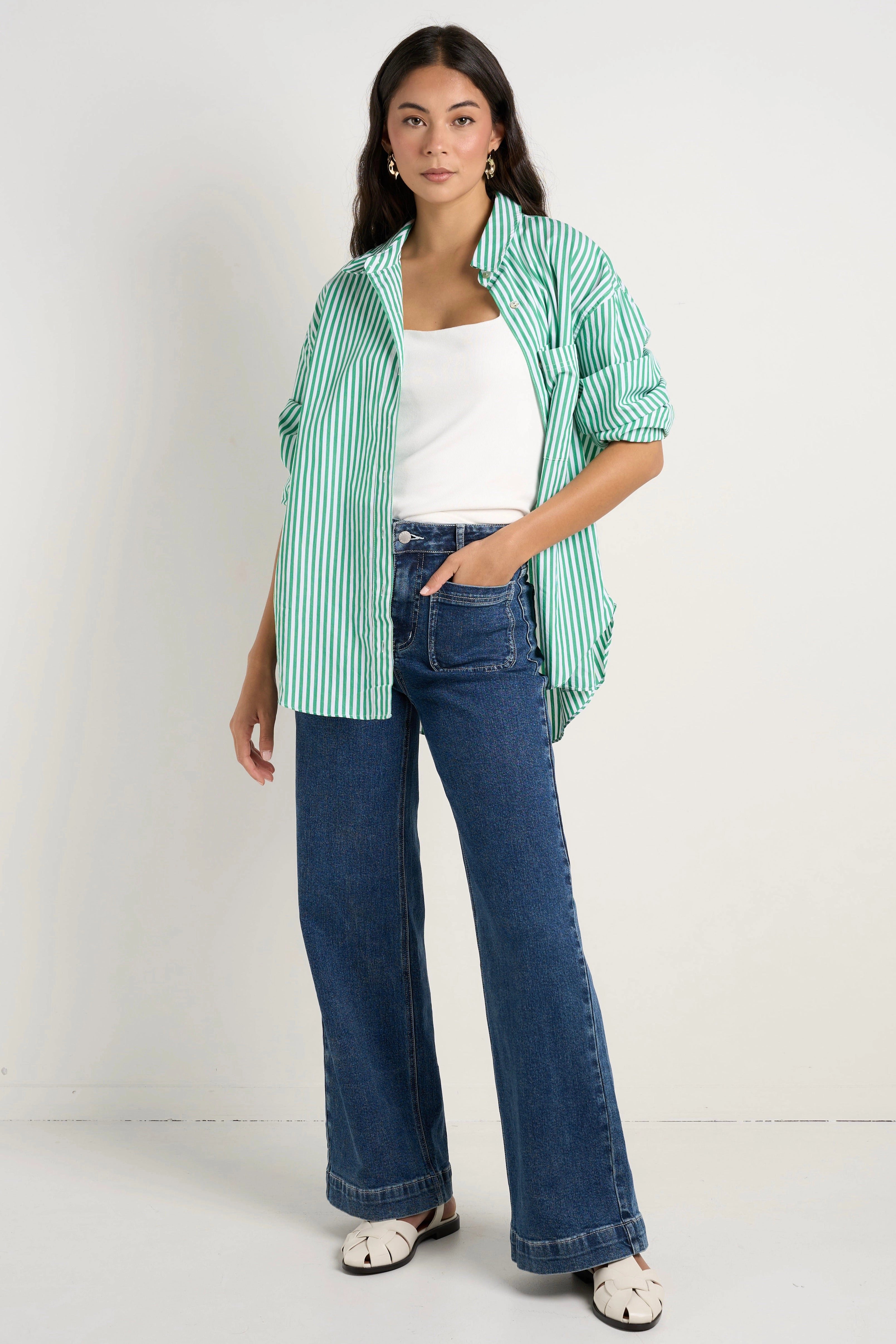 You Got This Green Stripe Poplin Oversized Shirt Stretch Knit Fabric