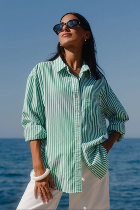 Textured Weave Pattern You Got This Green Stripe Poplin Oversized Shirt