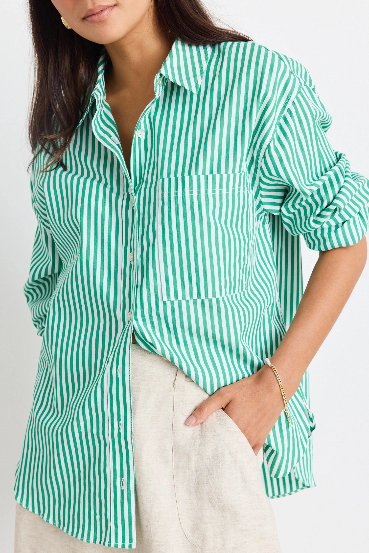 Relaxed Blouse You Got This Green Stripe Poplin Oversized Shirt
