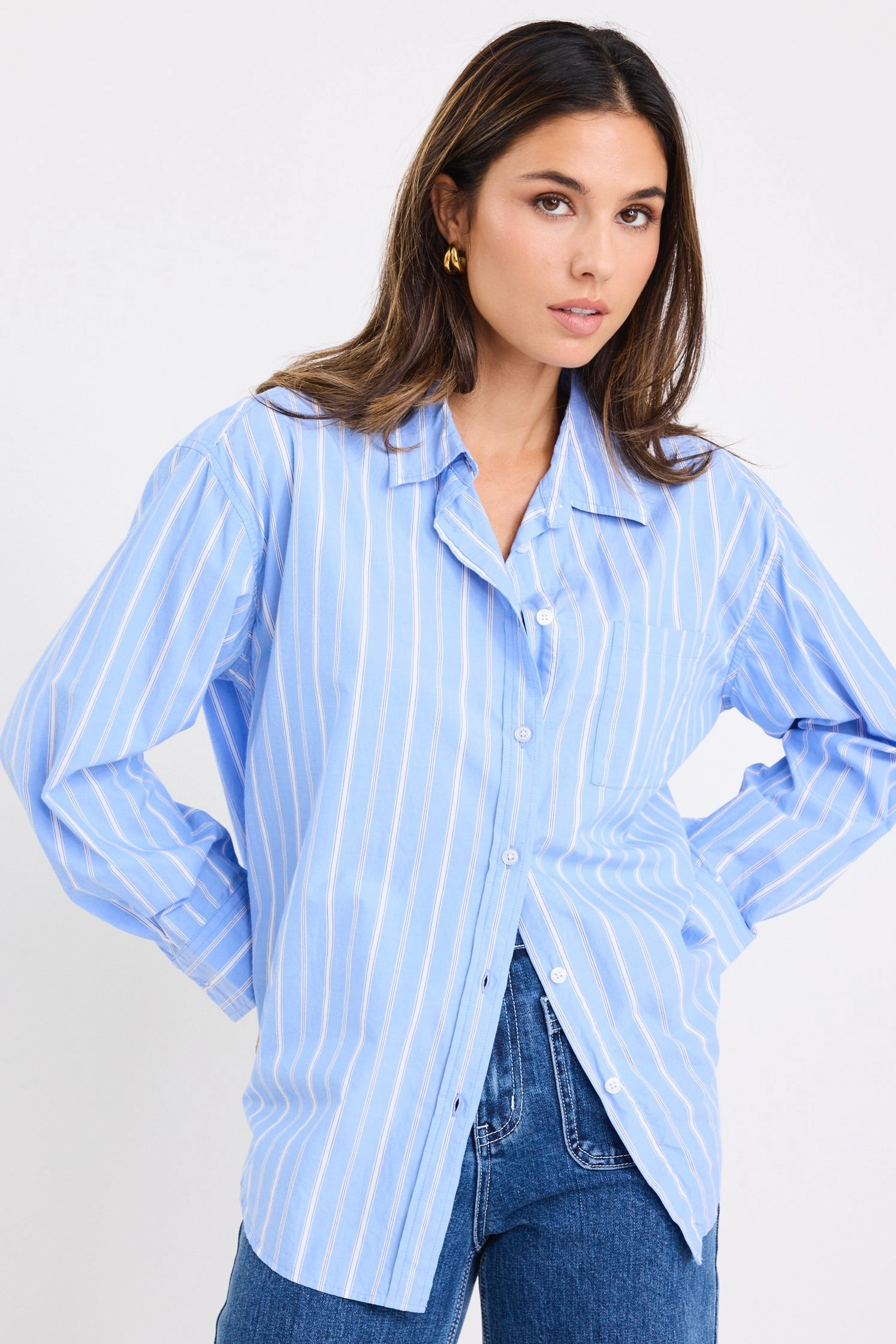 You Got This Mid Blue White Stripe Oversized Boyfriend Shirt ThermalLining AdjustableNeckline