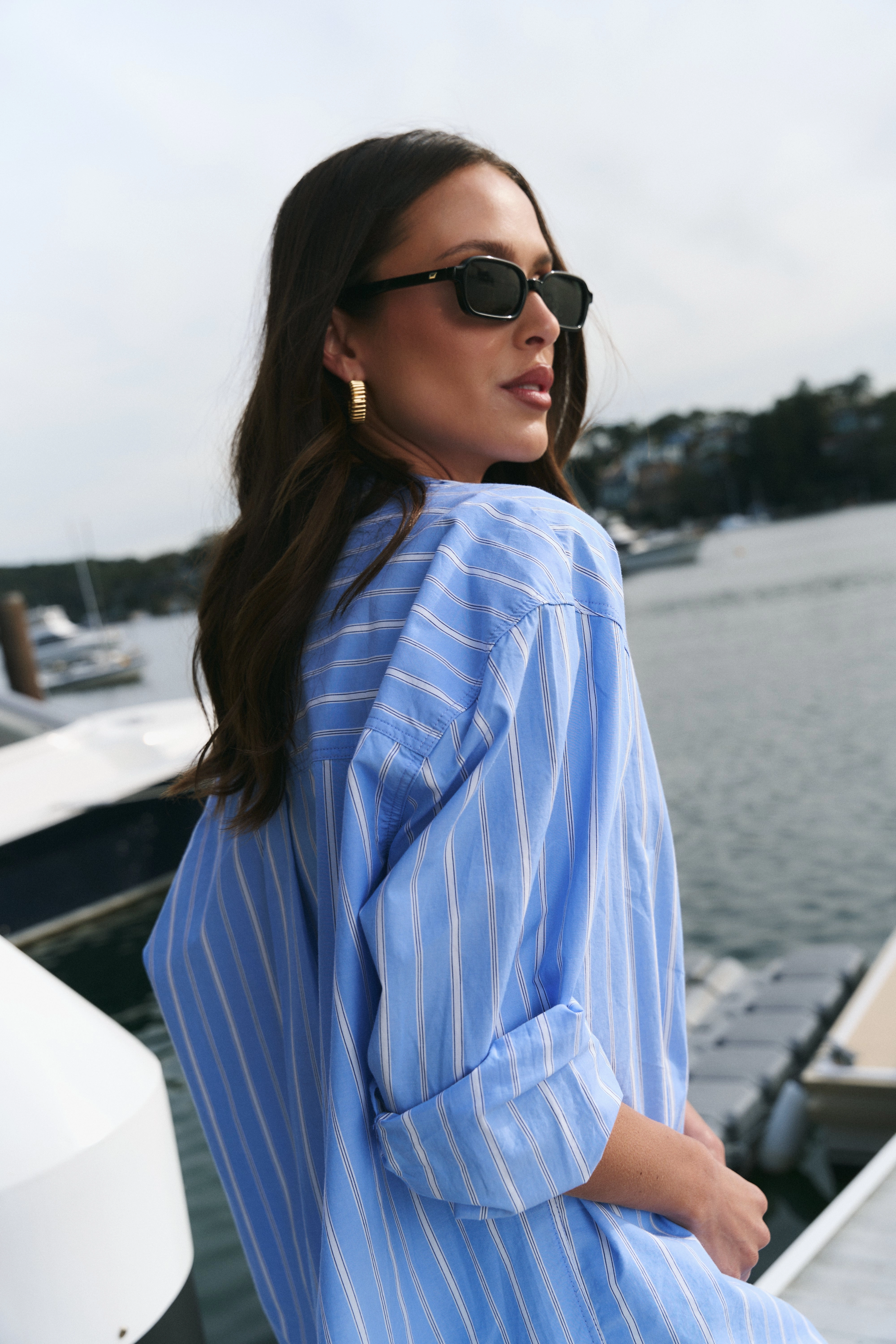 Lightweight Layering Option Versatile Base Layer You Got This Mid Blue White Stripe Oversized Boyfriend Shirt