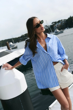 You Got This Mid Blue White Stripe Oversized Boyfriend Shirt PaddedInsulation Relaxed Silhouette