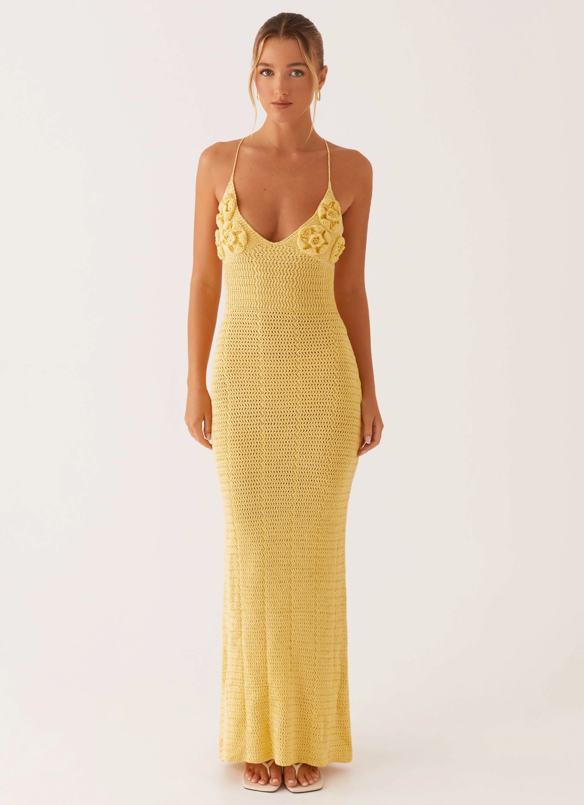 Timeless Edge Beadwork Zara Rose Crochet Maxi Dress - Yellow