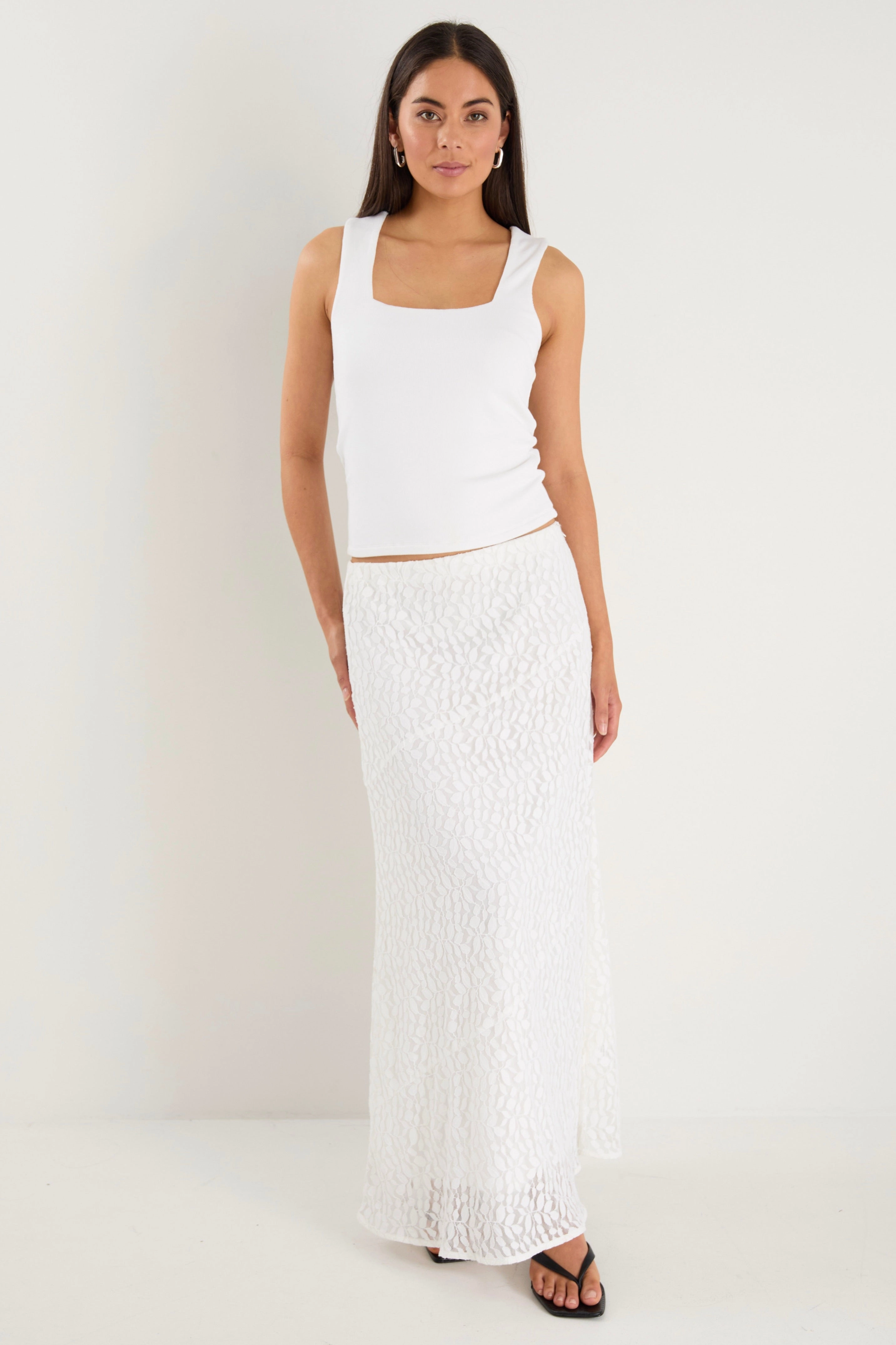 Zeus Ivory Lace Bias Maxi Skirt Gentle Flow Shirred Back