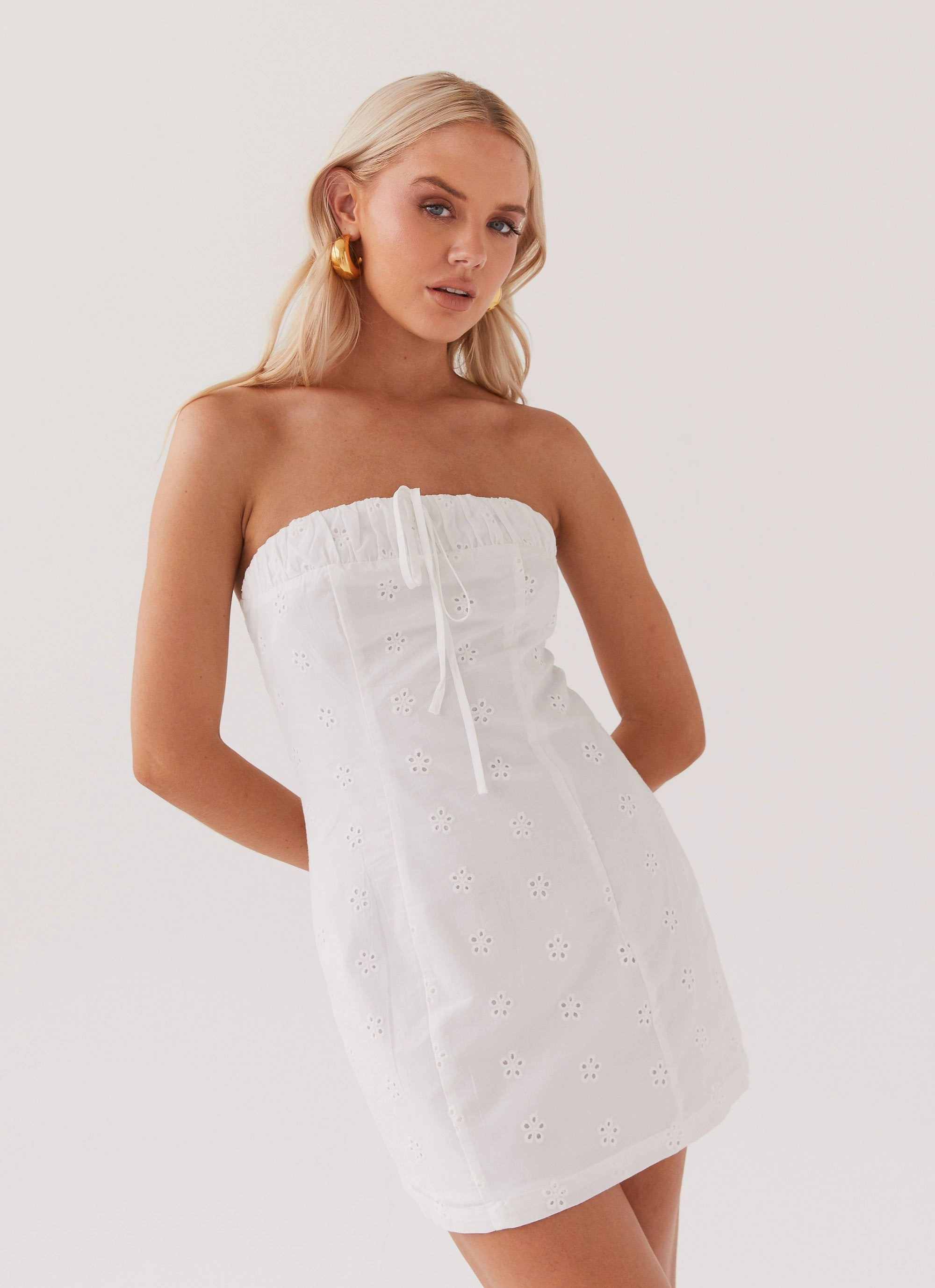 Confident Mood Light and Breezy Bronwyn Broderie Mini Dress - White