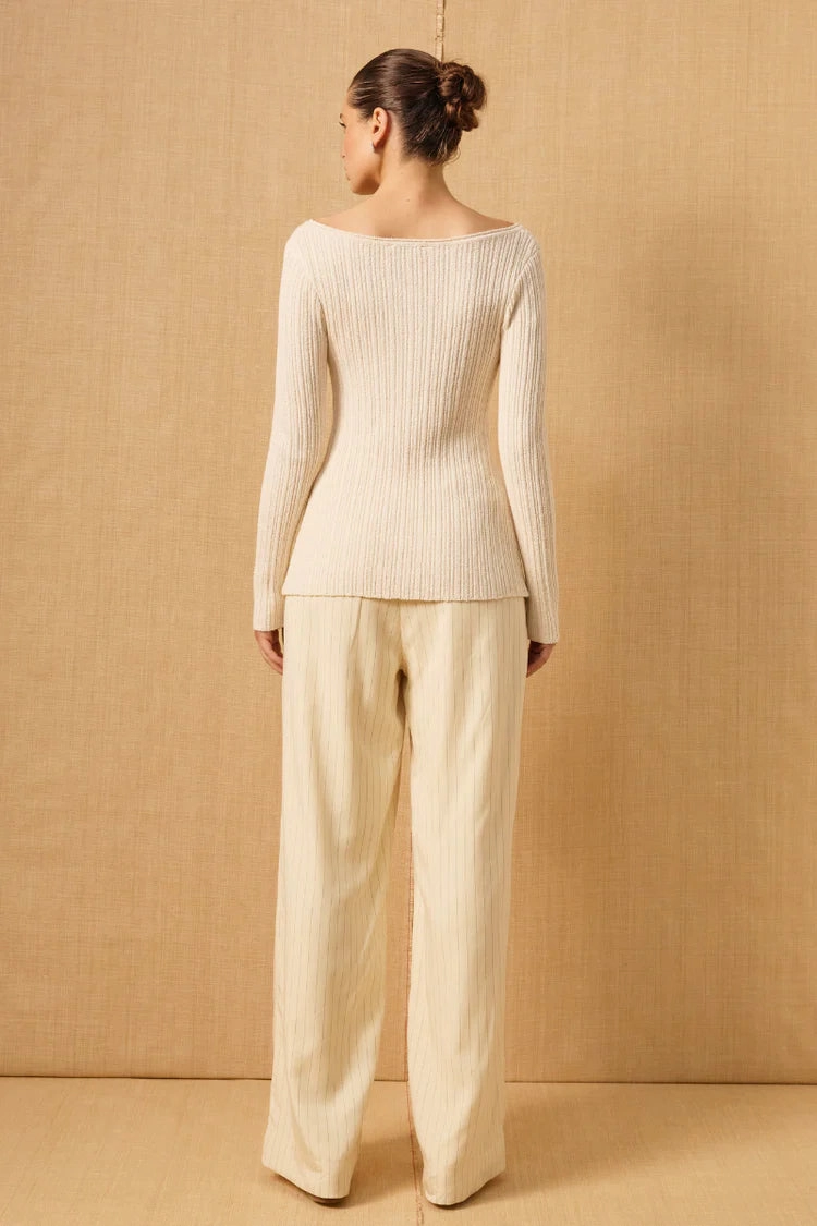 Elemental Cream Button Front LS Knit Top Tagless Labeling TwillWeave