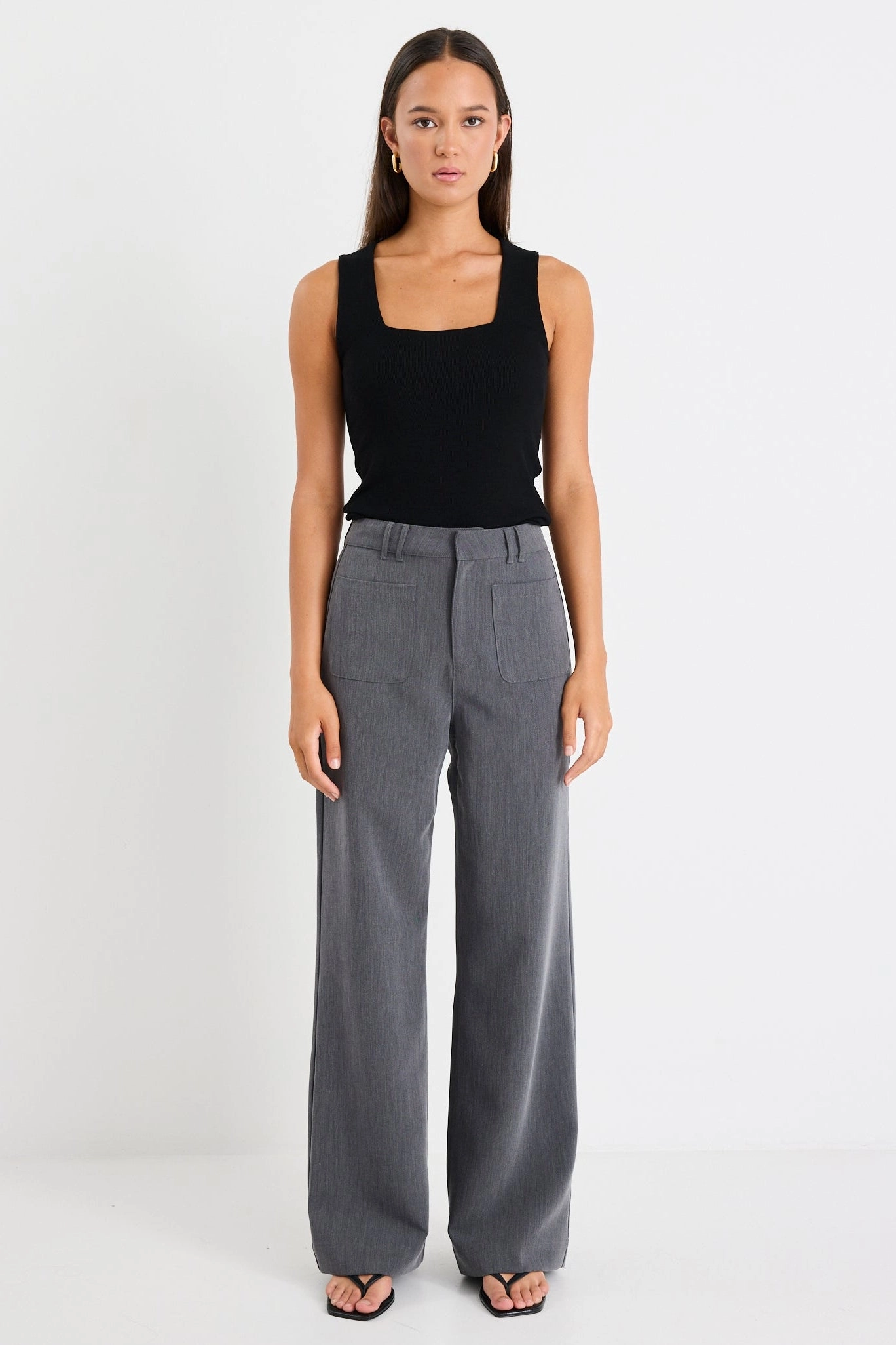 Zoey Charcoal Tailored High Rise Wide Leg Pocket Pants Tear Resistant Fabric Soft Design