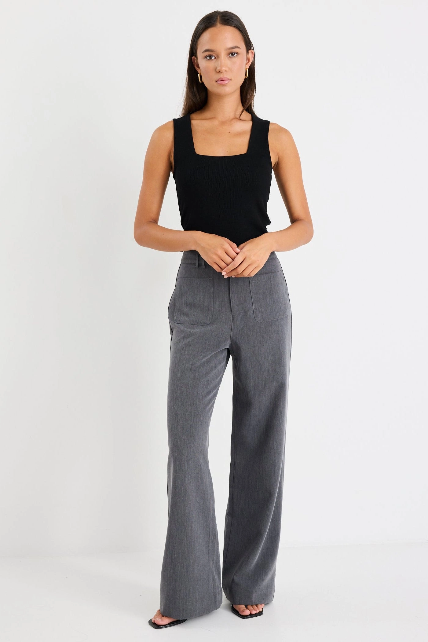 Zoey Charcoal Tailored High Rise Wide Leg Pocket Pants Carbon Infused Fabric