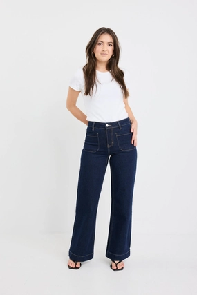 Stretch Fit FlameRetardantTreatment Zoey Indigo Petite High Rise Wide Leg Pocket Jean