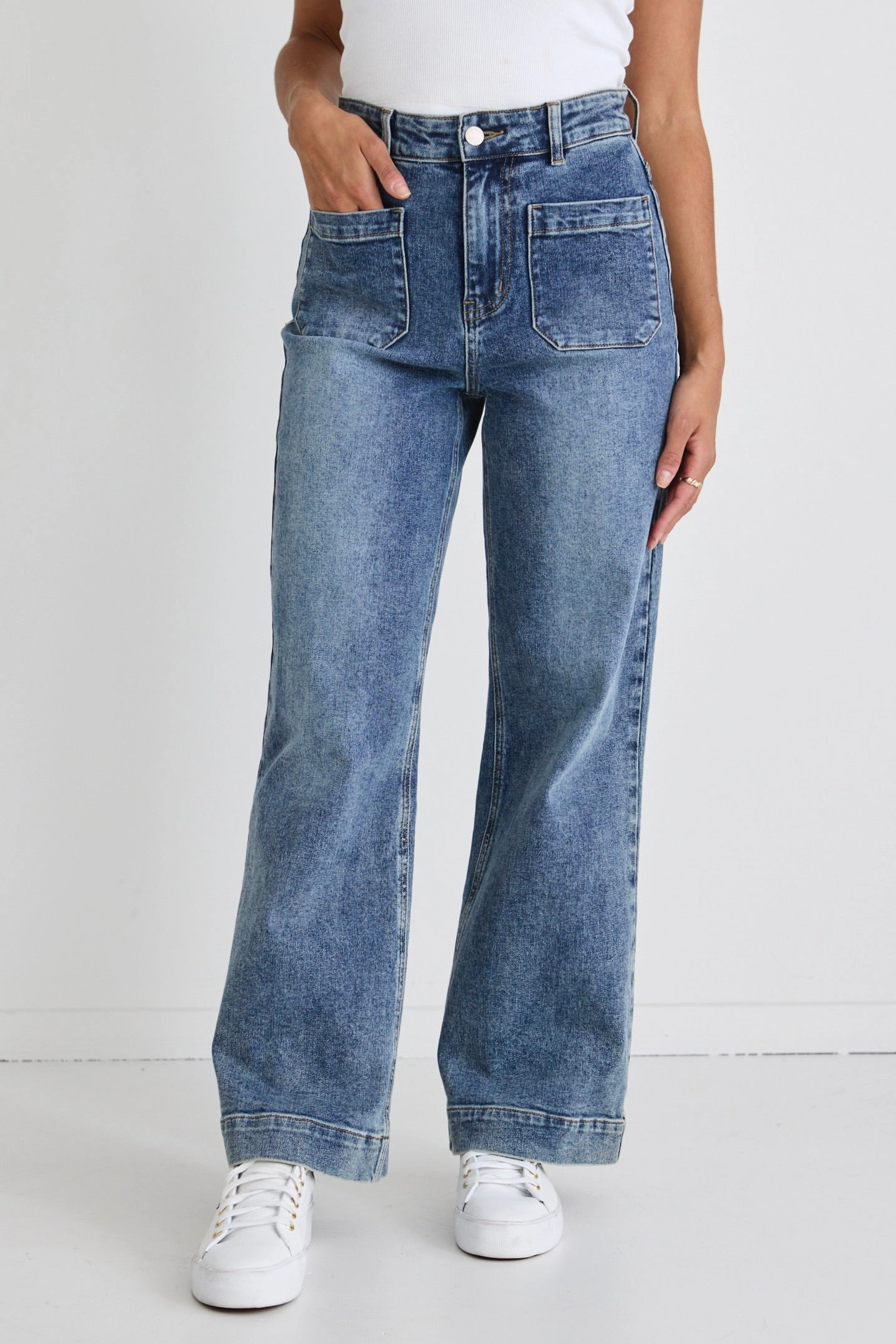 Sleek Design Zoey Mid Blue High Rise Wide Leg Pocket Jean