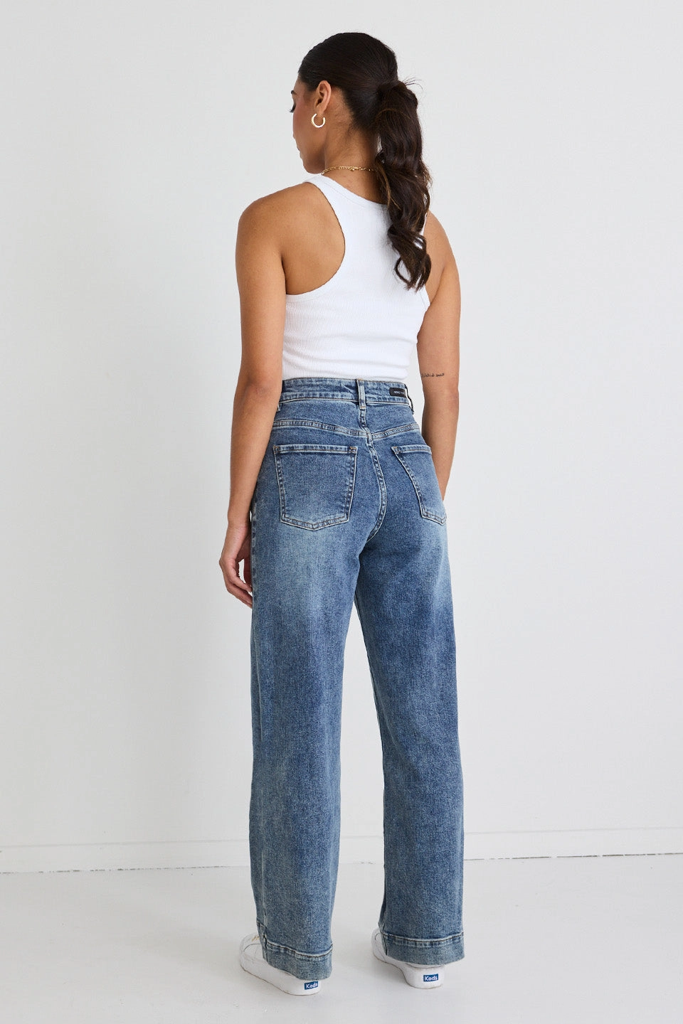 Performance Stretch Body Ready Zoey Mid Blue High Rise Wide Leg Pocket Jean