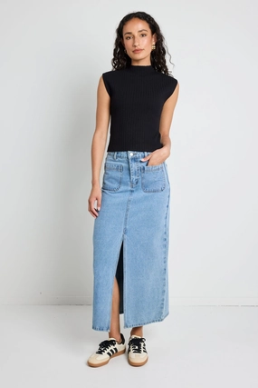 Wrap Front Zoey Sea Blue Pocket Front Denim Midi Skirt